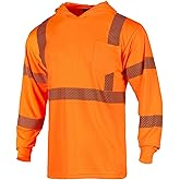 FONIRRA Hi Vis Shirts for Men Reflective ANSI CLASS 3 Safety T-Shirt with Hood High Visibility Construction Work Long Sleeve