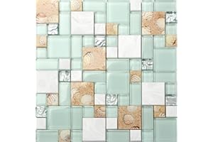 Hominter 11-Sheets Lake Green Glass and White Stone Mosaic, Conch Shell Tile Magic Patterns, Perfect for Kitchen Backsplash and Bathroom Shower and Accent Wall NB02