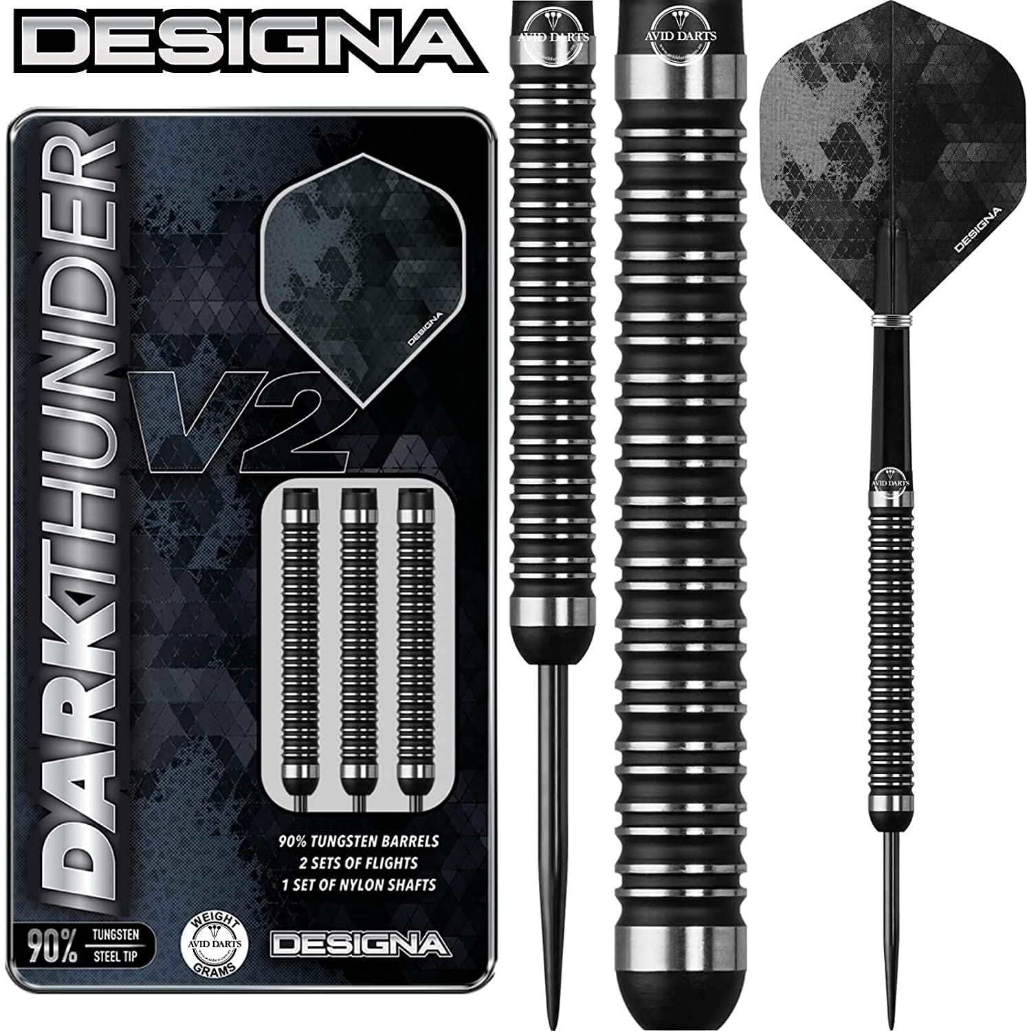 DESIGNA DARTS D3531 Dark Thunder | 20g Premium 90% Tungsten Barrel Steel Tip Dart Set With Twin Ringed Grip Including Flights and Nylon Shafts, Black