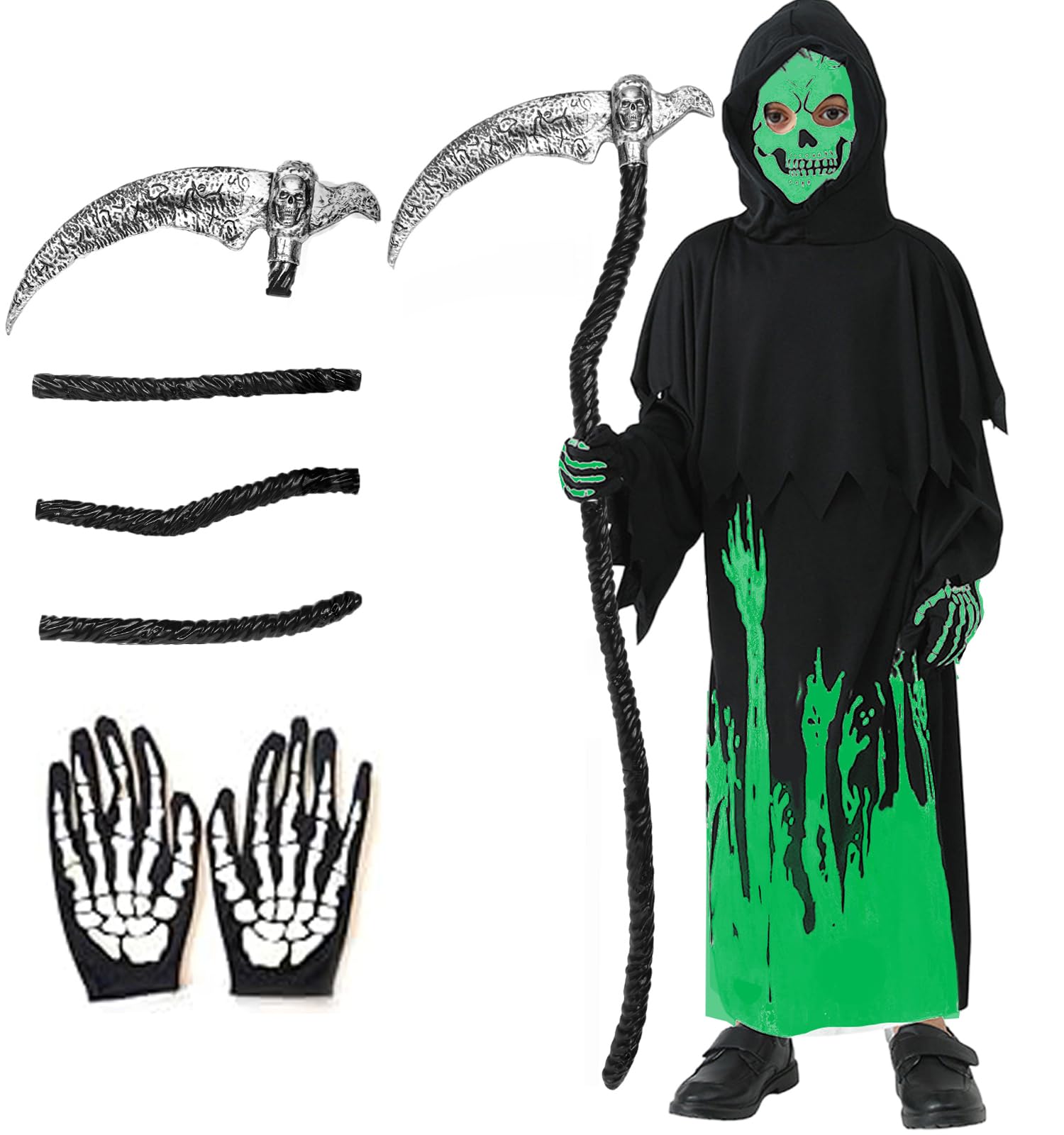 HarnyLoom Grim Reaper Costume Kids Boys Halloween Glow in the Dark Skeleton Death Ghost Scythe Outfit Scary Grim Reaper Robe Phantom Gloves Fancy Dress Cape (S)