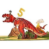 POPWOW Happy 5th Birthday Pop Up Card, Dinosaur, T-Rex, Volcano, Adventurous, 3D Greeting Card, Gifts for Kids, Toddler, Children, Son, Grandson, 5x7 - Includes Envelope And Message Note