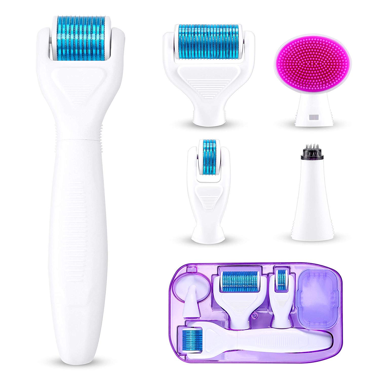 6 in 1 Microneedle Derma Roller .25mm Kit for Face and Body - 300/720/1200 Titanium Dermaroller Micro Needle Facial Roller