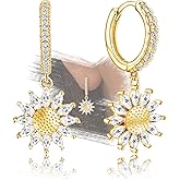 Gold Sunflower Earrings for Women - Sterling Silver Flower Hoop Earrings Classic Hypoallergenic White Cubic Zirconia Fashion Dainty Loop Earrings Gift for Her Birthday Mother's Day