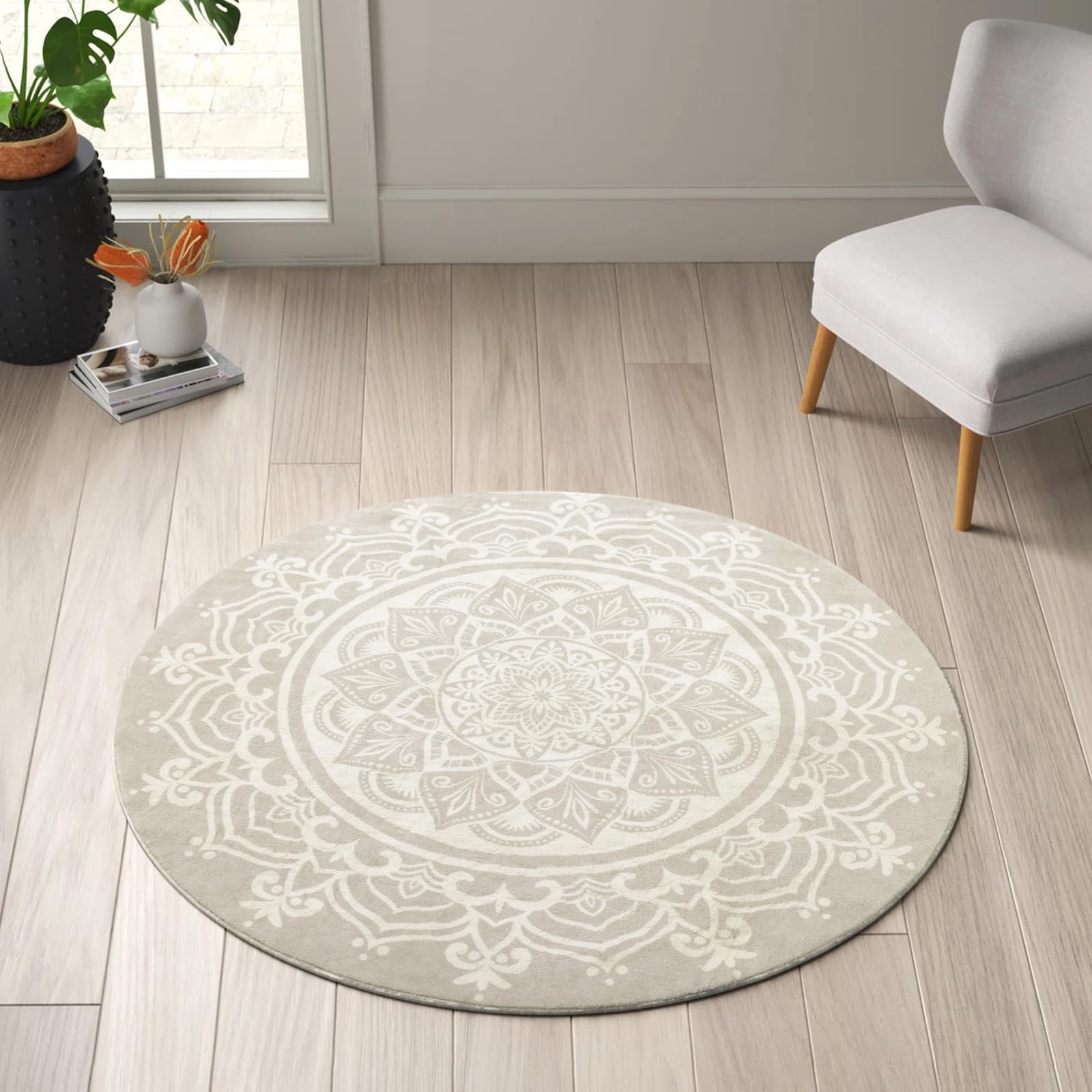 Photo 1 of Carvapet 2' Small Round Area Rug 24in Grey Ivory Boho Mandala Print Circle Rugs Non-Slip Machine Washable Floor Mat Soft Chic Throw Rug for Powder Room Entryway Bathroom Nursery Bedside Floor Decor