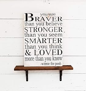 Beach Frames Rustic Wood Quotes Perfect for Boys or Girls Room Decor Winnie The Pooh Your are Braver Than You Believe Inspirational Wall Art Sign, Large, White Washed