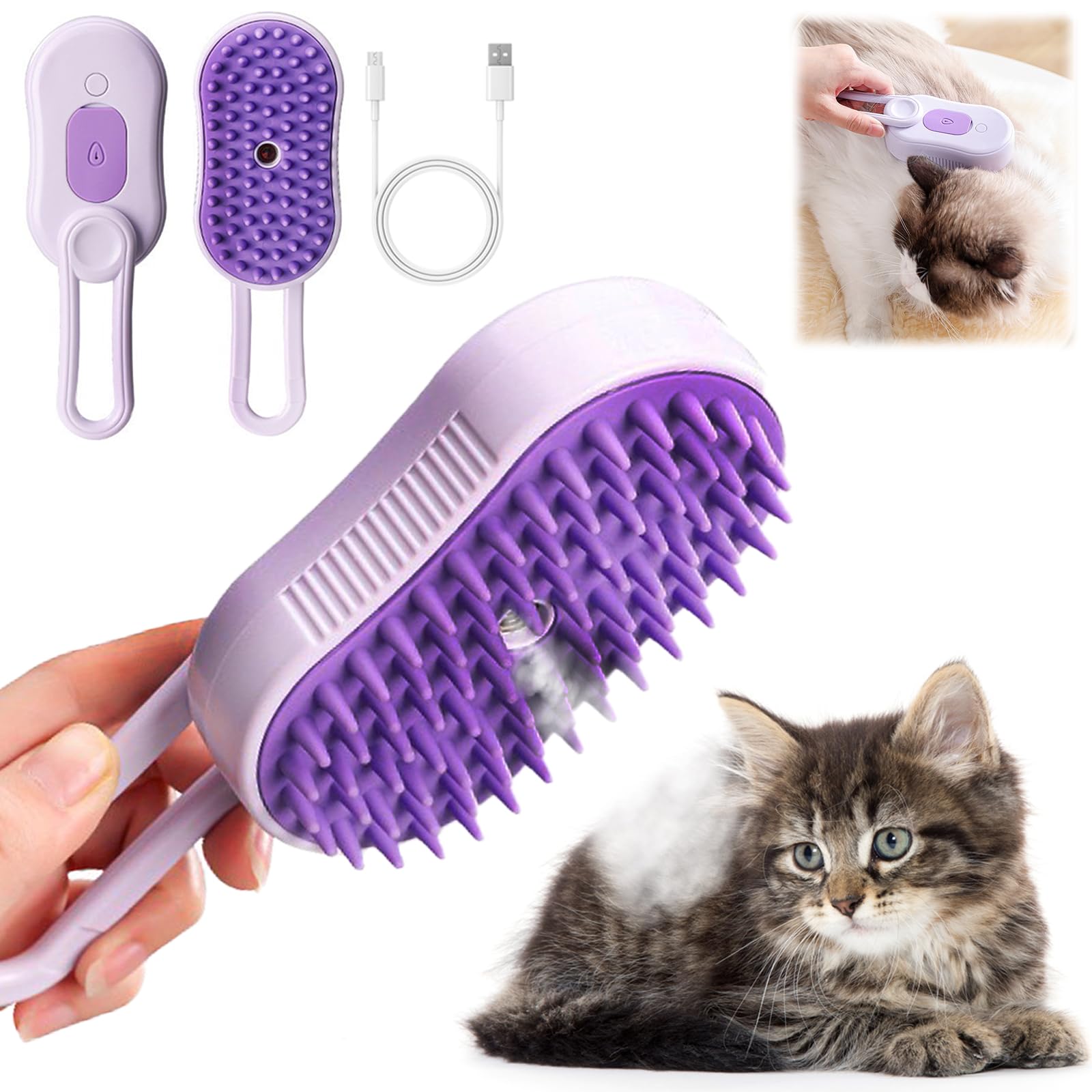 DONGTATA 3 in 1 Cat Dog Steamy Brush Steam Grooming Brush Pet Hair Removal Comb for Massage and Grooming