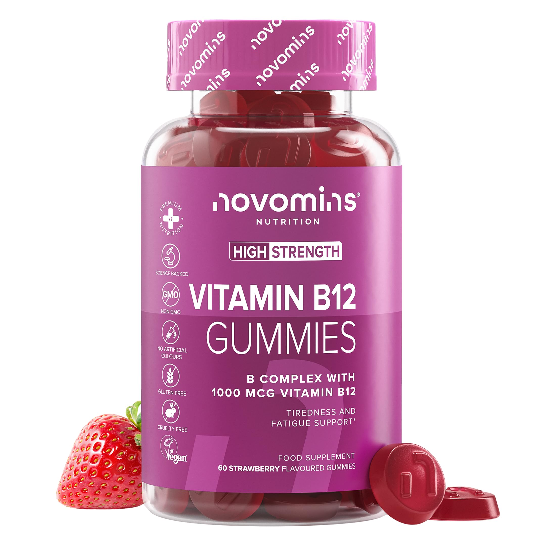 Vitamin B12 Gummies - 1000 mcg High Strength B12 Gummies - Enriched with Vitamin C, B1, B2, B6, & Biotin - 1 Month Supply - Vitamin B Complex Gummies - Novomins