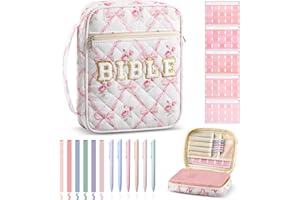 SINLOAD Quilted Bible Cover Case for Women Large Carrying Bag with Organizer Tabs 6 Colored Pens 6 Highlighters Book Tote Bags with Handle Bible Study Supplies Christian Gifts(Pink Bow)