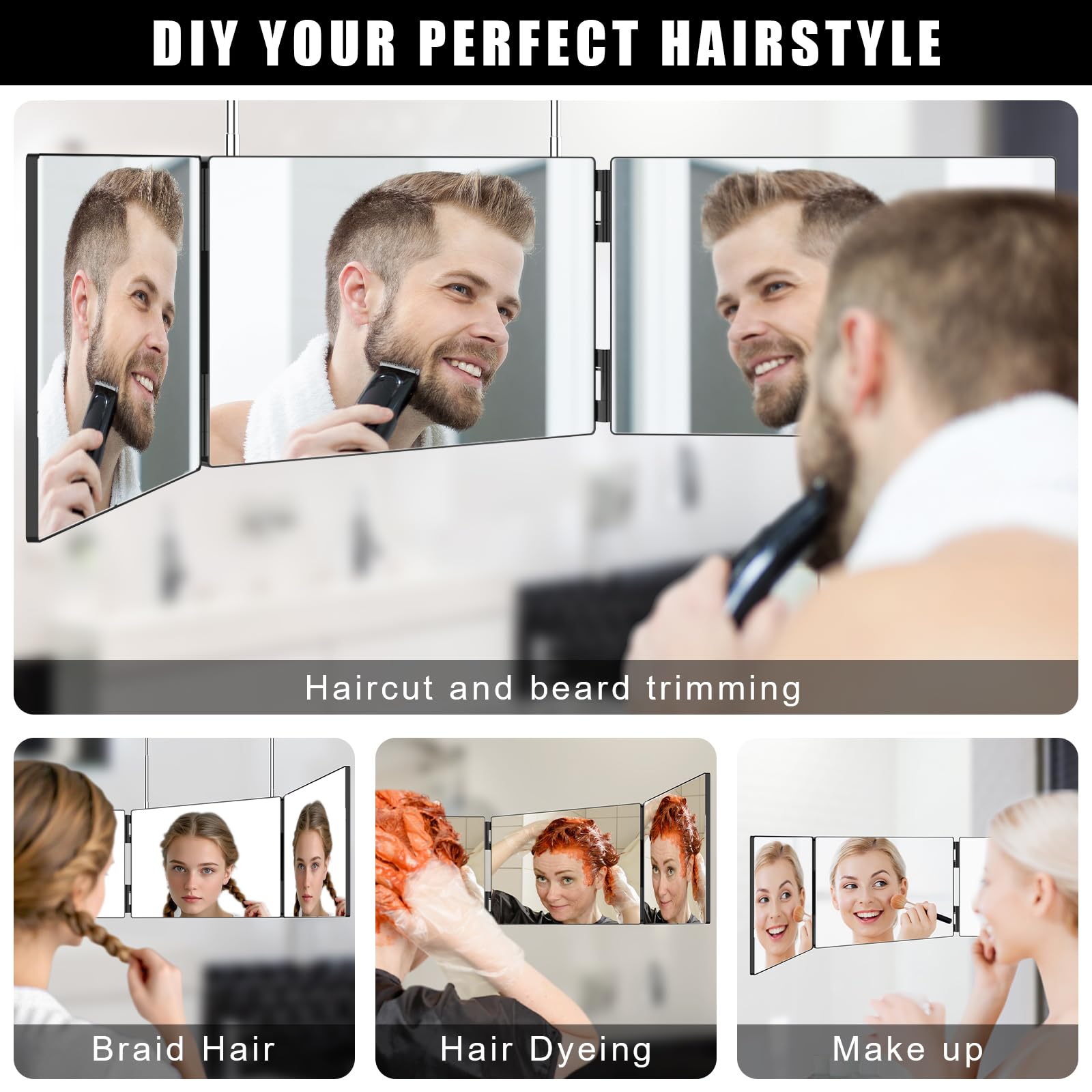OLIBUY 3 Way Mirror for Hair Cutting, Three Way Mirror for Shaver and Makeup, Height Adjustable with Two Hold Nails, 360 Viewing Angle, Clear Anti-Fog HD Glass