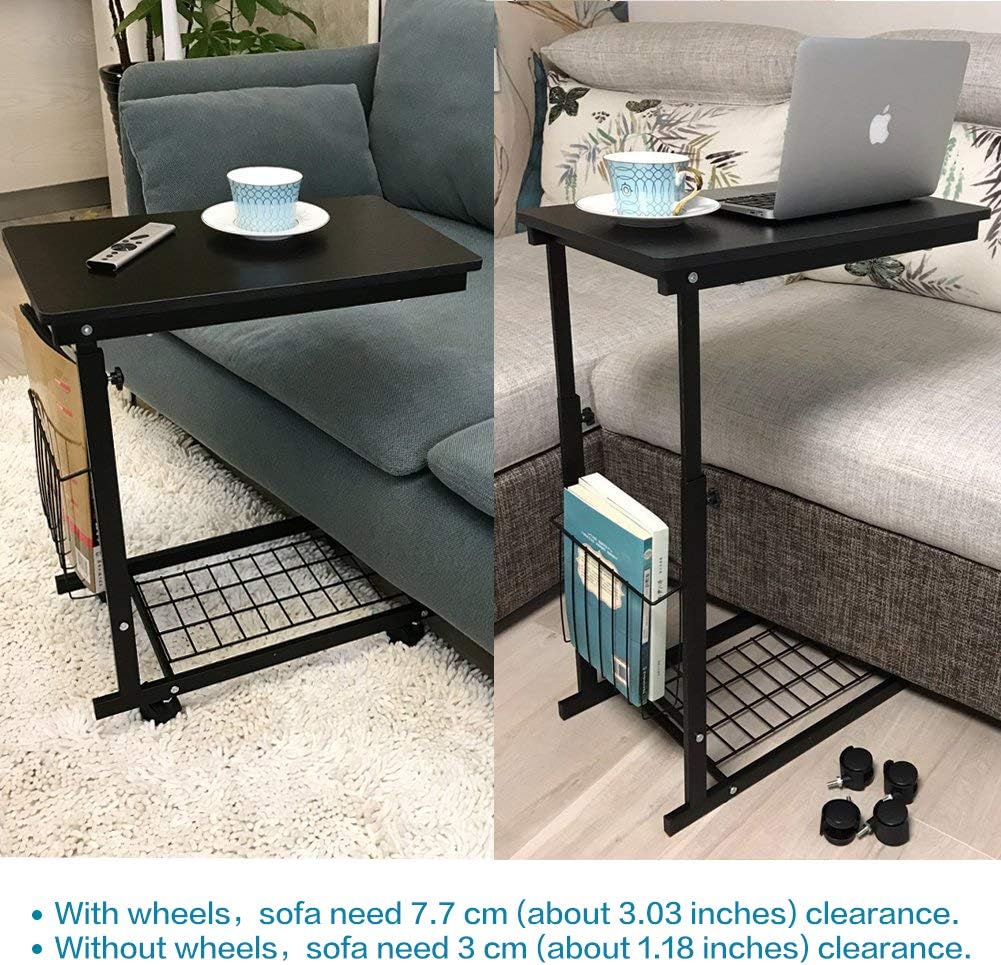 micoe Sofa Side Table with Wheels Couch Table That Slide Under with Storage Shelves C Style Height Adjustable for Home/Room/Office(Black): Kitchen & Dining