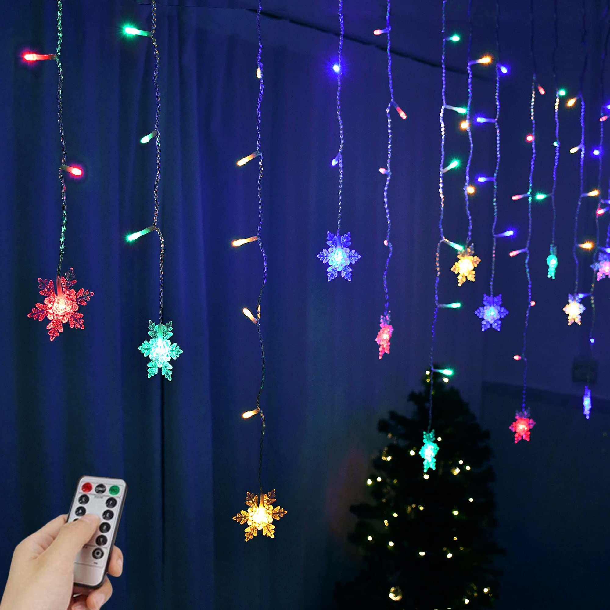Snowflake Window Curtain Lights, 4m 96 LED Snowflake Christmas Icicle Lights with Remote,18 Drops,8 Modes Twinkle Fairy Light for Christmas Tree,Bedroom,House, Holiday,Yard Decoration(Multicolor)