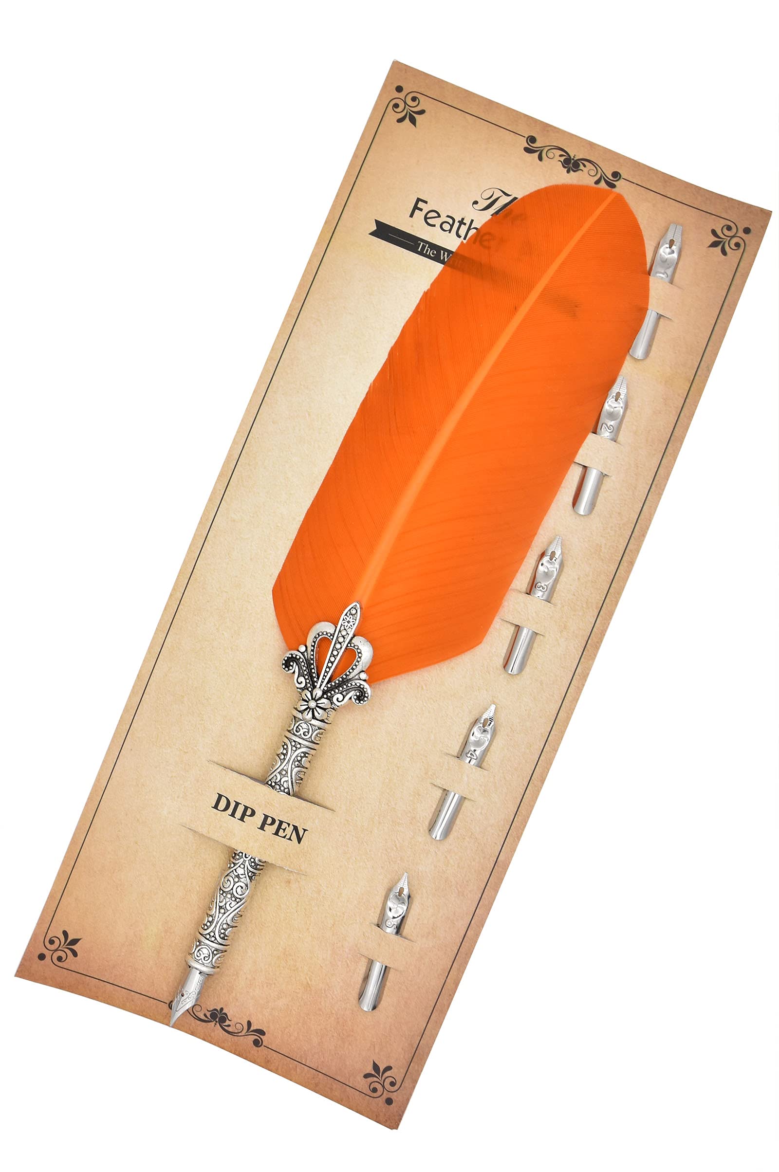 Gullor Calligraphy Feather Quill Pen and 5 Calligraphy Nibs for Beginners Kids Calligraphy Writing Quill Dip Pen Set, Orange
