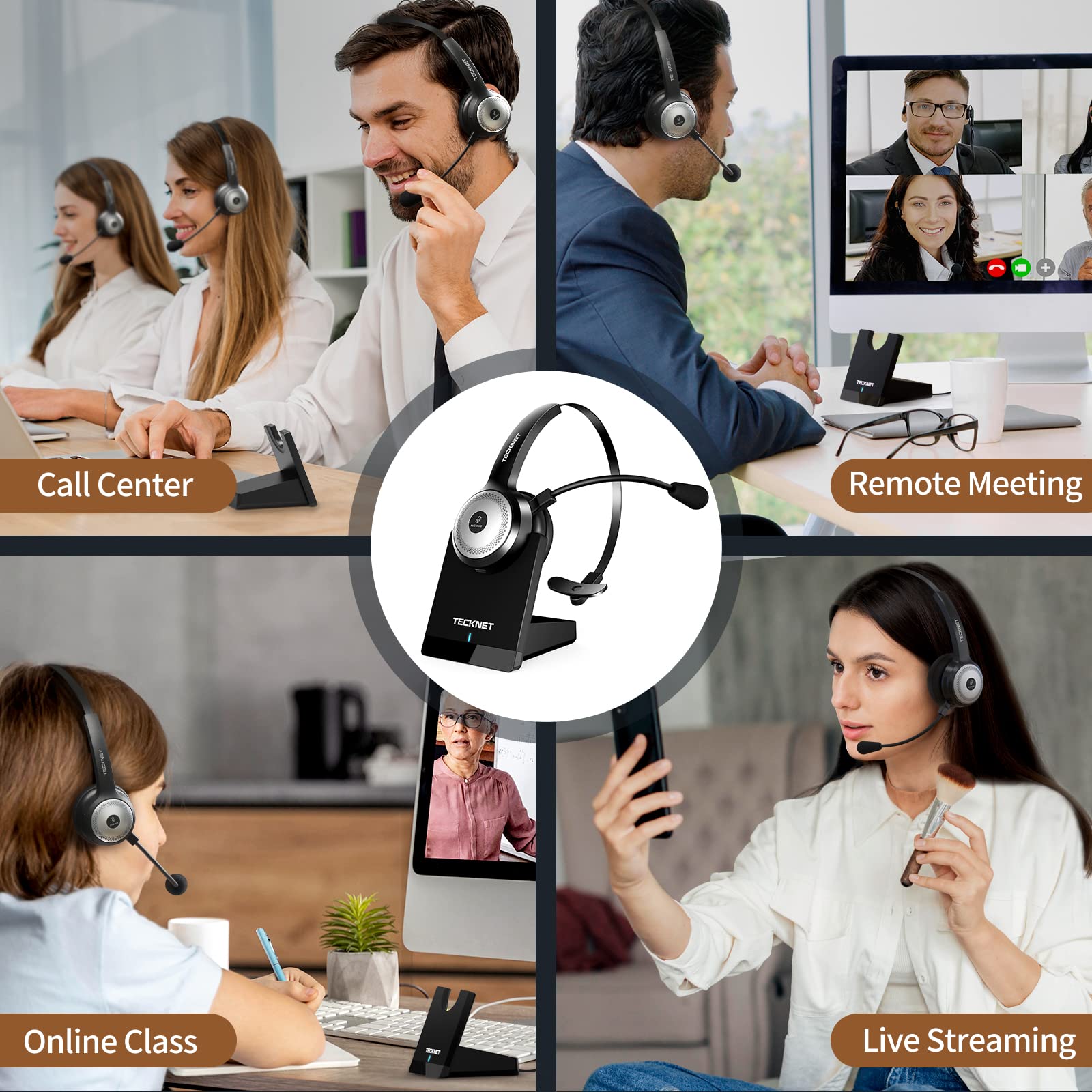 TECKNET Bluetooth 5.0 Headset with Microphone for PC, USB Wireless Headset with Mic for Work, 40Hrs Worktime AI Noise Cancelling On Ear Bluetooth Headphones with Charging Base for Laptop/Call Center