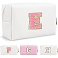 Personalized Makeup Bag Initial A-Z Preppy Patch Bag,Small PU Leather Travel Cosmetic Bag Pouch with Zipper,White Cute Toiletry Bag,Gift Ideal for Teen Girls Women Birthday Friend Mom,Letter E