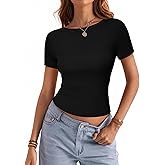 BESTPOEM Women Boat Neck Tops 2025 Summer Short Sleeve Ribbed Knit Tight Fitted T-Shirts Basic Tees Vacation Clothes