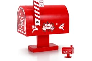 JULEASEL Wooden Christmas Mailbox with 12 Envelopes & Cards, Letters to Santa Holiday Decoration for Kids & Family, Red Wooden Santa Mail Box for Christmas Tabletop Display