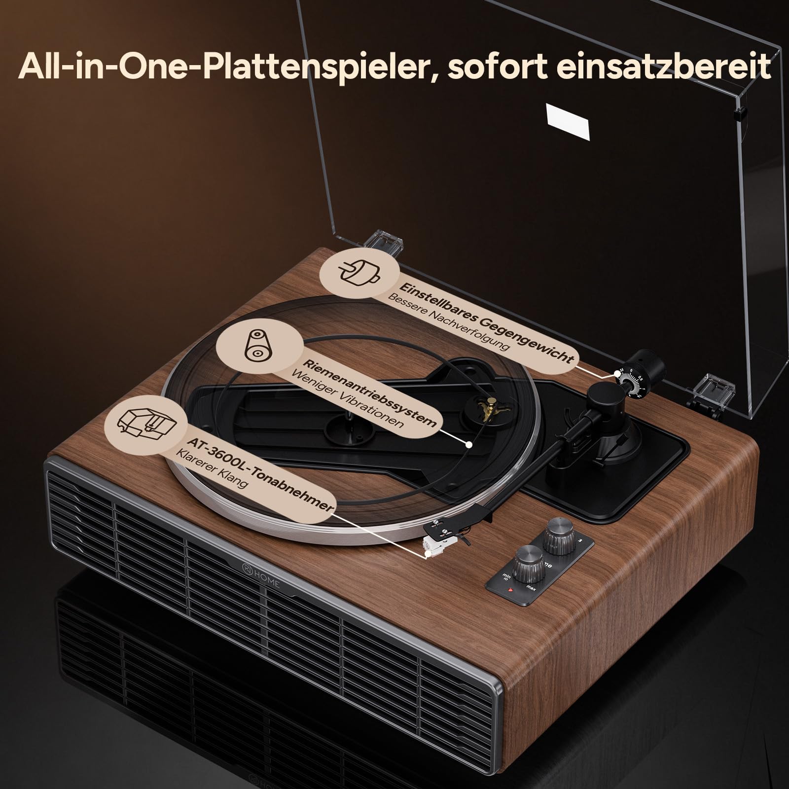 Schallplattenspieler mit Integrierten Lautsprecher, Plattenspieler Bluetooth HiFi mit Zwei Geschwindigkeiten, Phono-Vorverstärker 33/45 U/min und AT-3600L Tonabnehmer (Nussbaum) 6