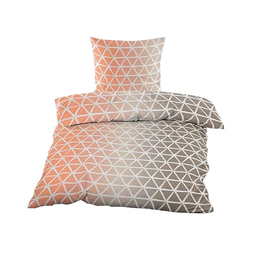 2 TLG. Biber Bettwäsche mit Reißverschluss 135x200 cm Orange Taupe weiße Dreiecke