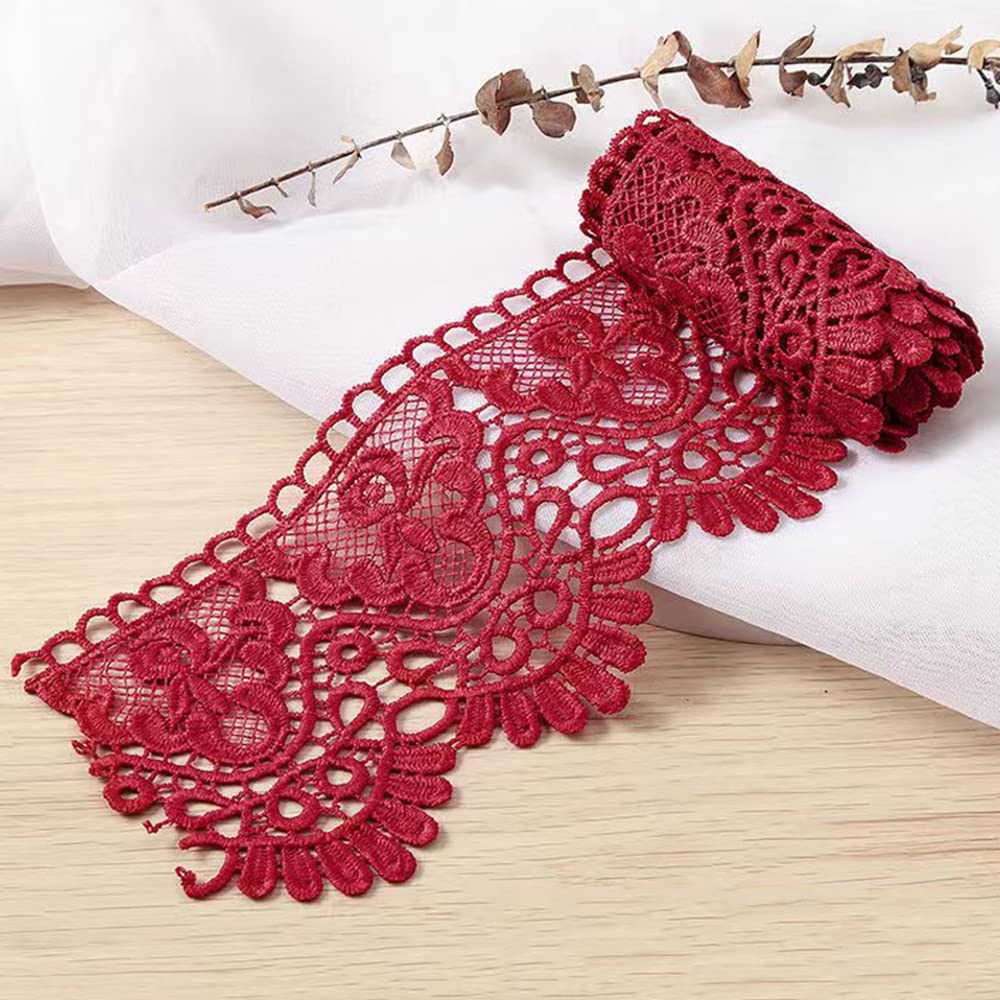 2 Yard 10 cm Wide Milk Silk Vintage Lace Trim Lace Border Embroidery Decorative Ribbon Lace Flower Ribbon Border for Sewing Craft Lingerie Wedding Dress Wedding House Decoration, Wine Red