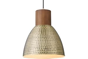 ELYONA Vintage Hammered Pendant Light Fixtures, 10.2” Industrial Metal Hanging Bar Lamp, Solid Wood Antique Gold Adjustable Pendant Light for Kitchen Island, Farmhouse, Dining Room, Brushed Brass