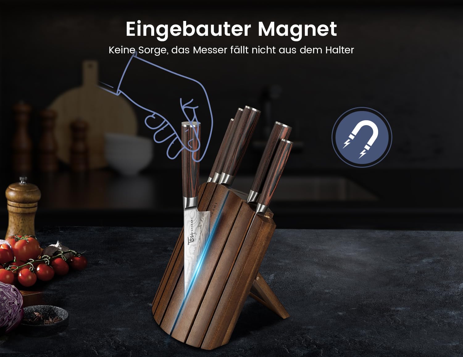 SYOKAMI Messerset 7-teiliges Küchenmesser-Set im japanischen Stil mit faltbarem magnetischem Akazienholzblock, scharfer Karbonstahl für die Küche mit rutschfestem ergonomischem Griff 4