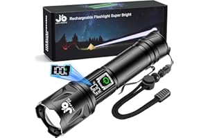 JAY-PARK High Lumen Flashlight - 10000 Lumens, Rechargeable 5000mAh with LCD Display, Zoomable Long Beam (3000m), IP67 Waterproof, 5 Modes & Belt Clip - for Camping, Dog Walking