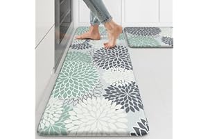 COLLIVE Anti Fatigue Kitchen Mat 2PCS,Boho Floral Kitchen Rugs Non Slip Rubber Backing,Waterproof Farmhouse Kitchen Mat for Floor,Cushioned Standing Mat for Office,Laundry,Sink,Desk,Mutil-Cyan