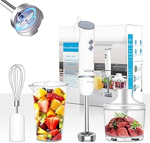 800W Hand Immersion Blender, 5-in-1 Hand Blender with 2 Mixing Speed+Turbo,304 Stainless Steel Blades Stick Blender,Mixing Cup Food Chopper,Whisk Attachment for Smoothies,Puree Baby Food,BPA-Free