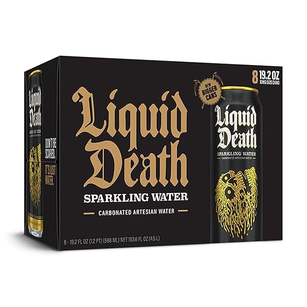 LIQUID DEATH, SPARKLING MOUNTAIN WATER, 8-PACK (19.2OZ CANS), REAL MOUNTAIN SOURCE, INFINITELY RECYCLABLE ICE-COLD CANS, AMERICAN MADE
