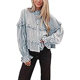 Tanming Womens Striped Button Down Shirts Ruffled Long Sleeve Stand Collar Shirt Dressy Casual Blouse Tops