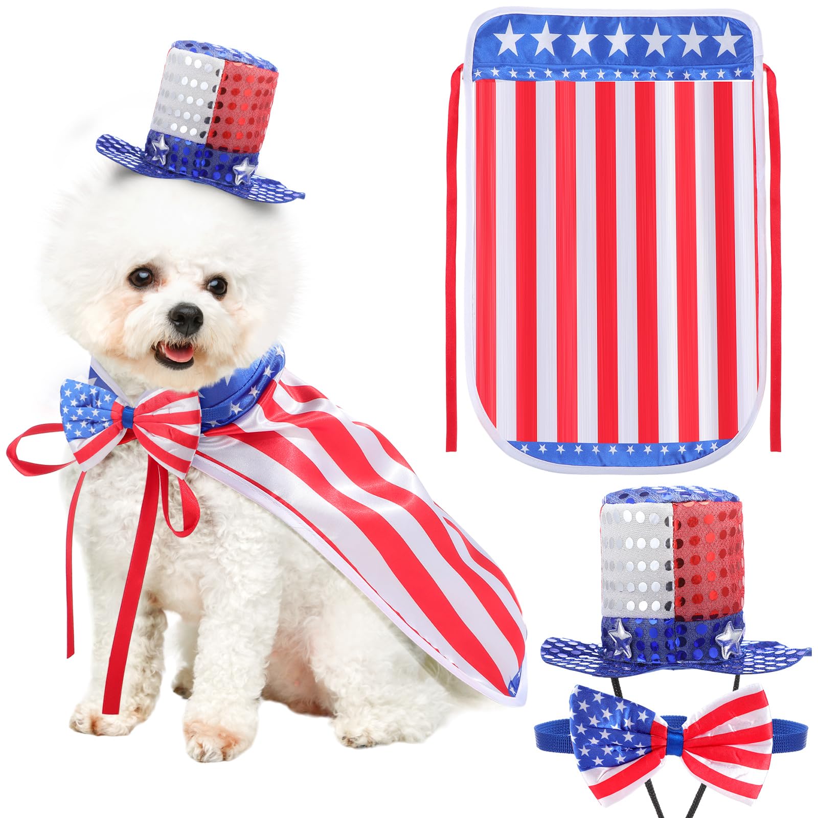 Photo 1 of JaGely 3 Pcs 4th of July Dog Outfit Memorial Day Dog Costume Set Includes Top Hat, American Flag Bow Tie Collar and Cape Patriotic Pet Outfit for Dogs Cats Puppy Kitten(M,Fashion)