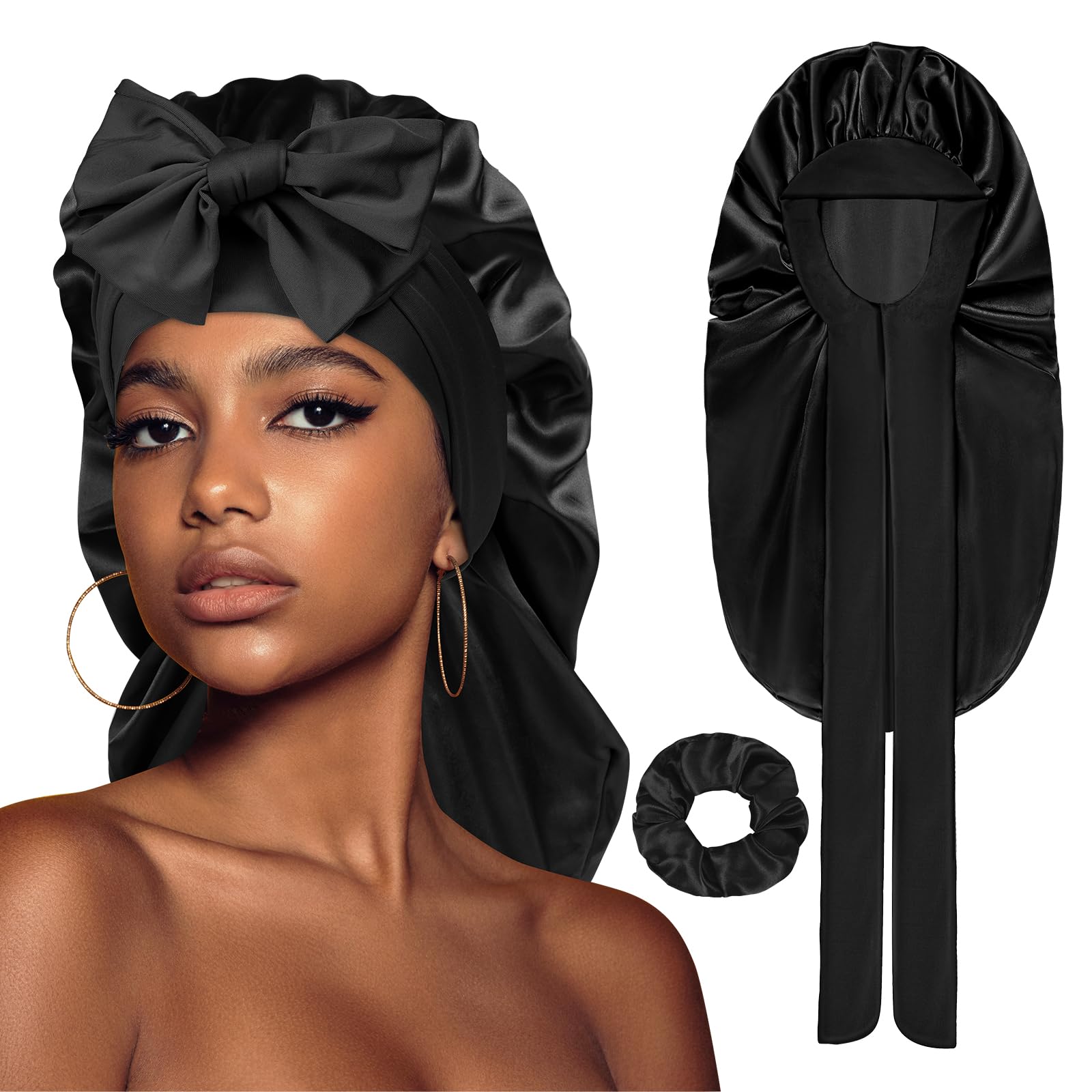AOGOE Long Satin Braid Bonnet for Women, Silk Bonnet for Sleeping Sleep Cap with Elastic Tie Band Night Cap, Sleep Cap for Long Curly Hair Locs, Night Hair Sleep Cap, Hair Bonnet for Bath for Straight