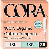 Cora Organic Cotton Tampons Multipack (18 Light, 18 Regular Tampons) | Comfortable Leak Protection, Expands to Your Shape, Made Without Chlorine, Pesticides, or Rayon, Organic Cotton Feminine Care