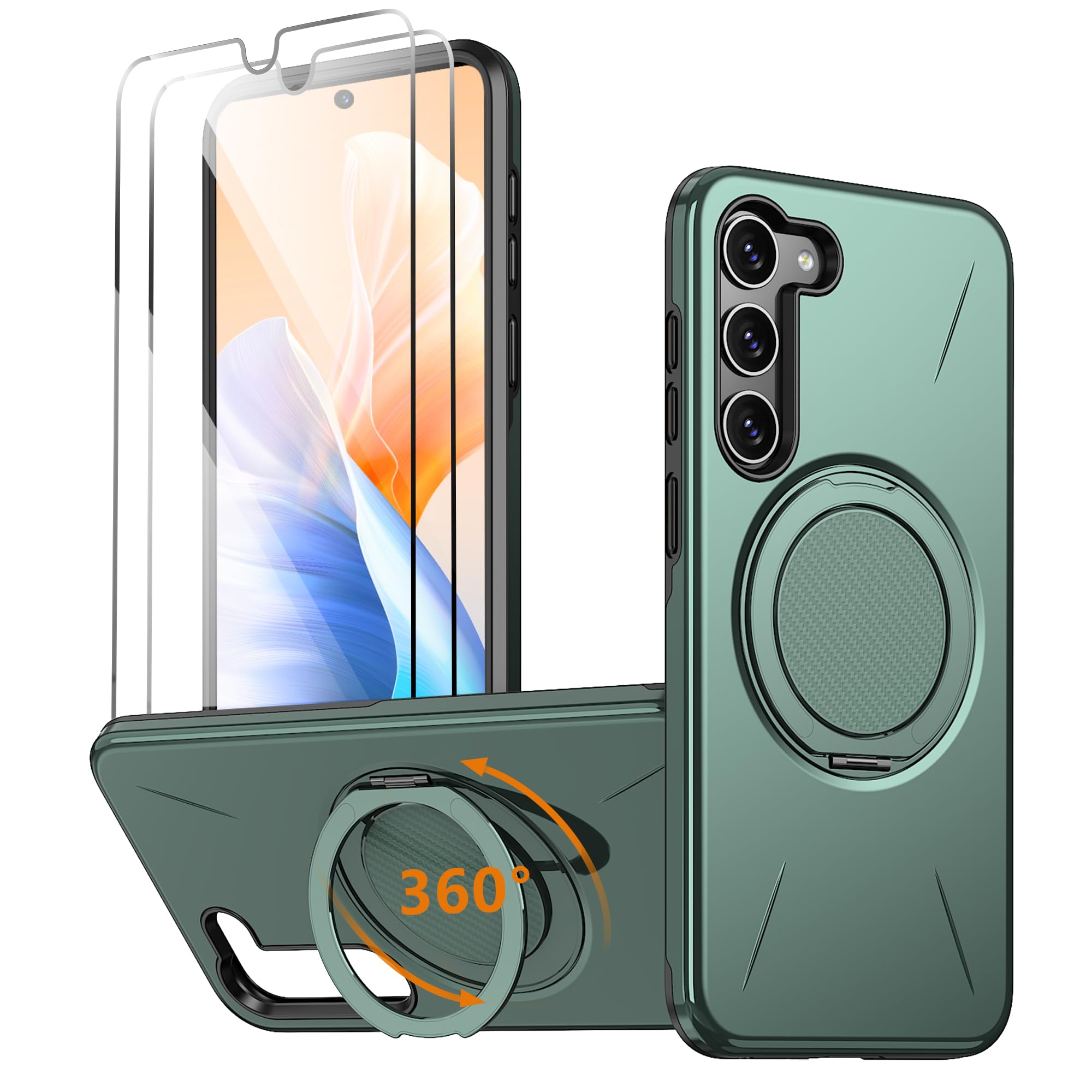 Photo 1 of Imuruktek for Samsung S23-FE Case, with 2 HD Screen Protectors, Strong Magnetic & Invisible 360° Rotatable Kickstand for S23 FE Case, Slim Rugged Protective Cell Phone Case for Samsung S23 FE, Green