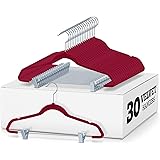 Zober Velvet Hangers with Clips - Pack of 30 Metal Clip Hangers for Pants - Notched Burgundy Velvet Skirt Hangers for Pants, 