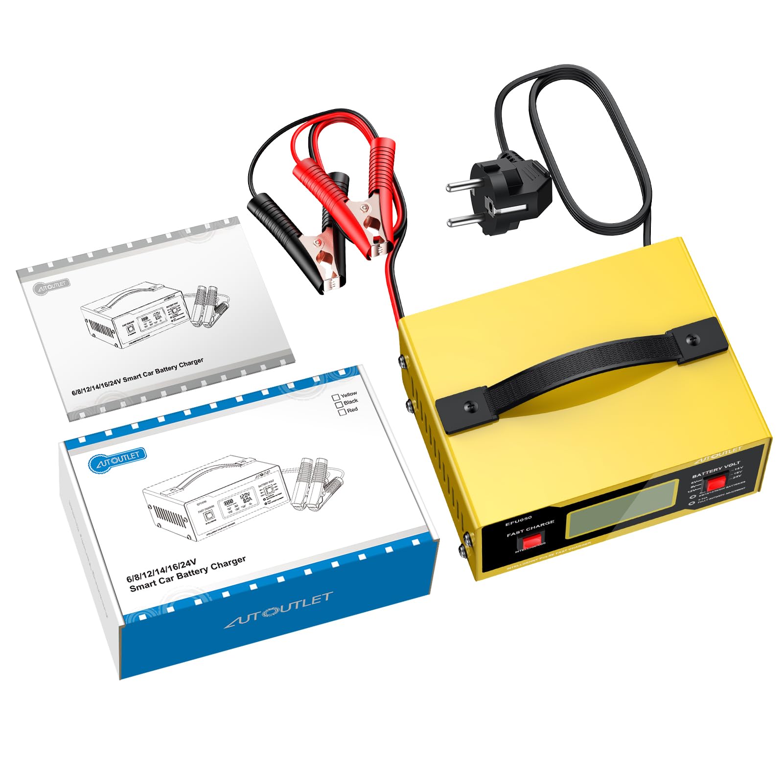 AUTOUTLET Ladegerät Autobatterie, 6/8/12/14/24V Smart vollautomatische KFZ Batterieladegerät Erhaltungsladegerät mit LCD Bildschirm, 0-14A Batterie Ladegerät für Auto Motorrad Rasenmäher Boot(Gelb) 8