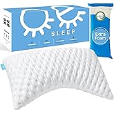Bed Pillow for Side and Back Sleepers – Curved Cooling Pillow for Neck and Shoulder Pain Relief – Adjustable Memory Foam Pillow with Washable Cover – Queen Size with Extra Fill (White)