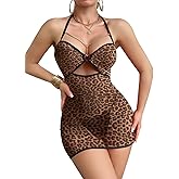Lilosy Sexy Chain Ruched Bodycon Mesh Sheer Halter Outfits Mini Babydoll Lingerie Dress Set with Thong 2 Piece