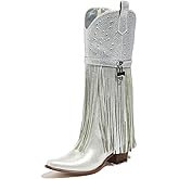 Tasteall Fringe Cowboy Boots for Women, Sparkly Rhinestone Upper Side Zipper cowgirl boots Chunky Heels Pointed Toe knee High Western Boots Silver 7