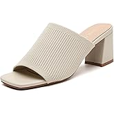 Tilocow Knit Heeled Sandals for Women, Square Open Toe Heels Sandals, Chunky Block Low Heel Slip On Mules