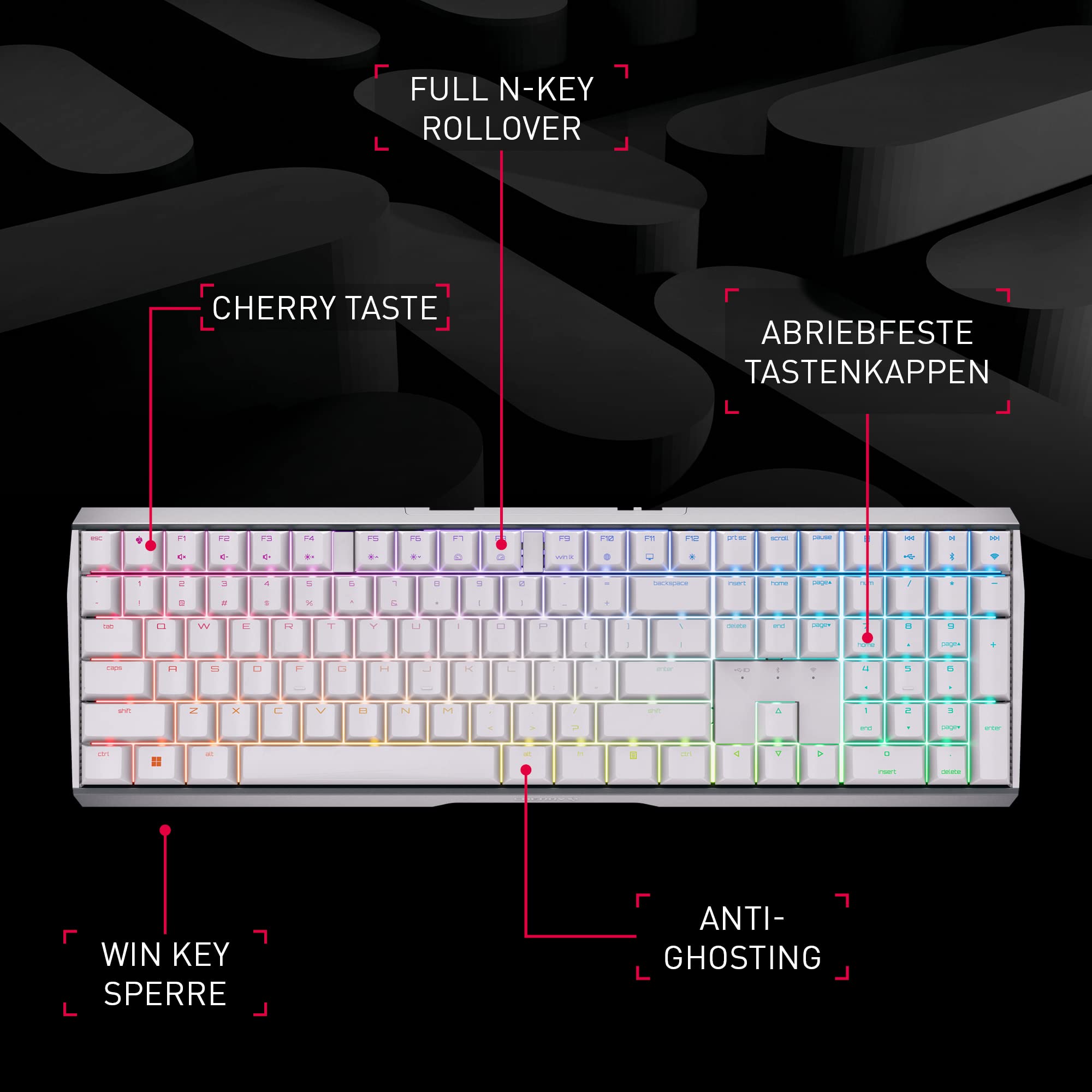 CHERRY MX 3.0S Wireless, Kabellose Mechanische Gaming-Tastatur, Deutsches Layout (QWERTZ), Bluetooth-, Funk- und Kabelverbindung, MX2A RED Switches, Weiß 2