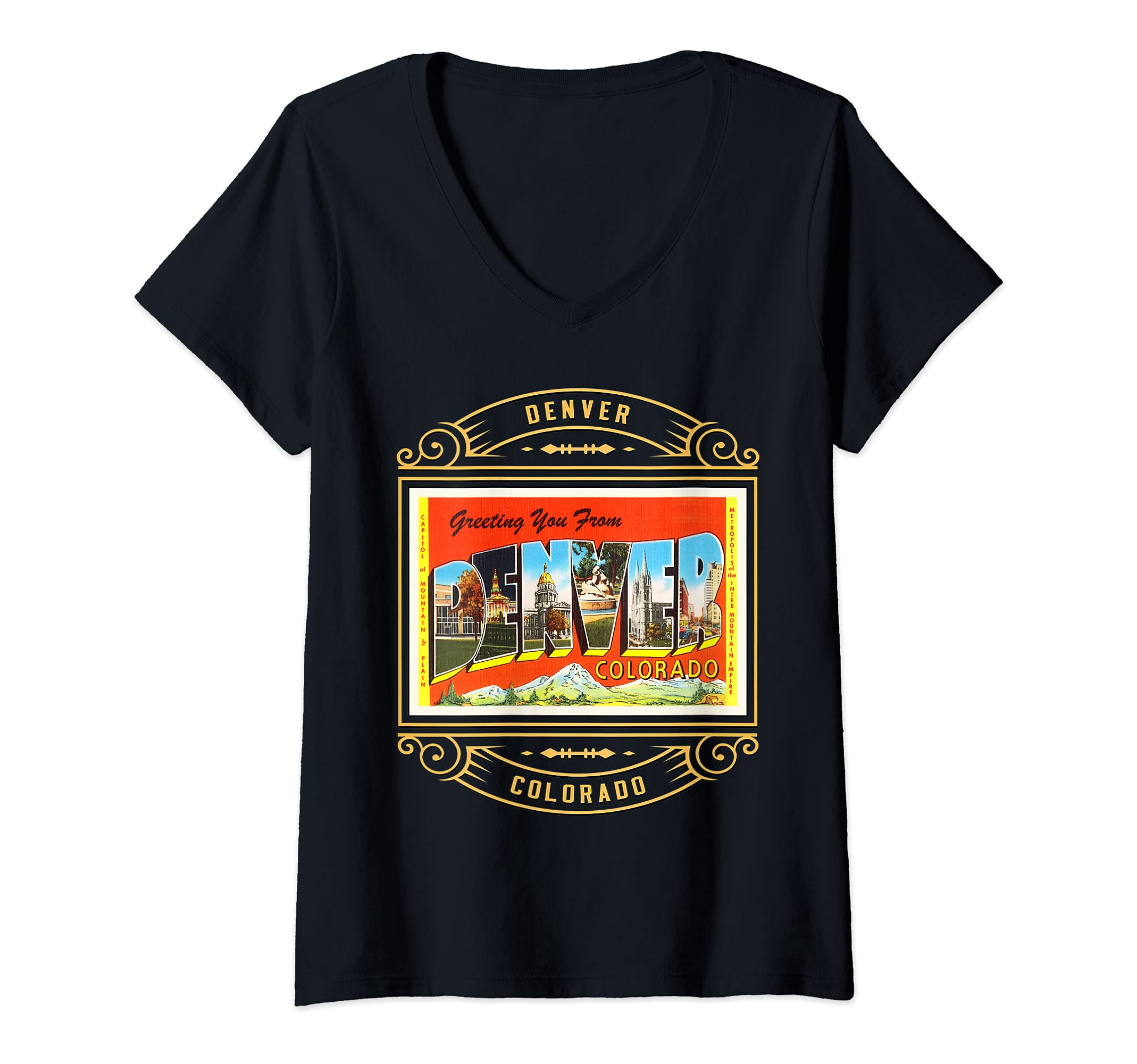 Womens Denver Colorado CO Large Letter Travel Postcard 1 V-Neck T-Shirt