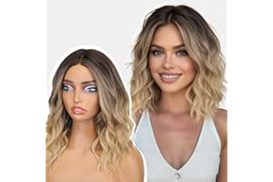 AISI HAIR 14 Inch Ombre Blonde Wigs for Women - Shoulder Length Wave Wig with Pre-Cut Lace Hairline, Middle Part Natural Wavy Bob Synthetic Heat Resistant Fiber for Daily and Party