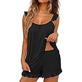 Ekouaer Pajama for Women Set 2 Piece Lightweight Summer Pajamas Soft Sexy Lingerie Ruffle Cami and Shorts Bridal Pj