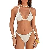 ZAFUL Womens Halter Triangle Cute Bikini Set Textured 2 Piece Swimsuit Tie Back Side Bottom Sexy Swimwear Summer Bathing Suit