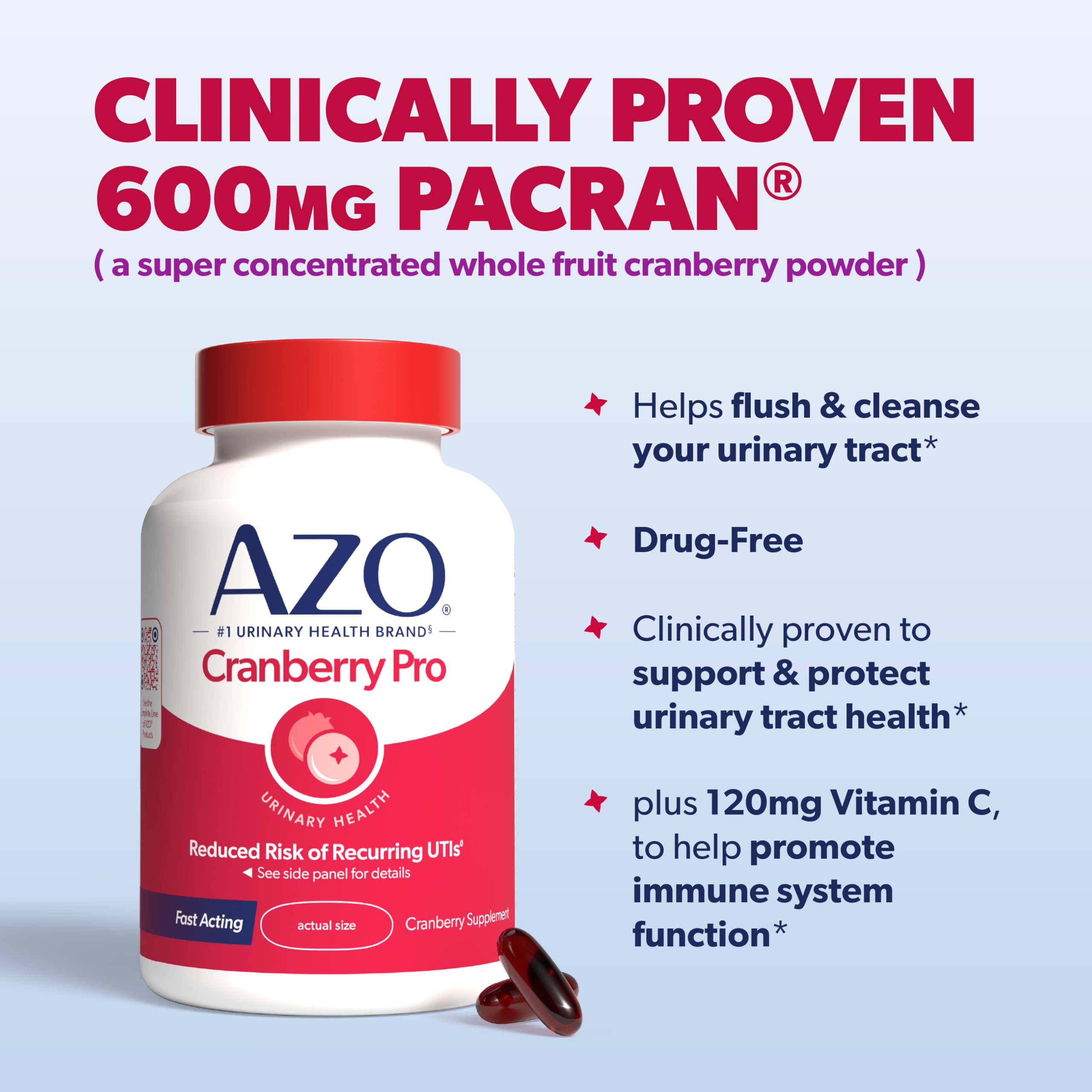 AZO Cranberry Pro, Cranberry Pills for Women & Men, 600mg Pacran, Made with Concentrated Whole Fruit Cranberry Powder to Help Cleanse and Protect The Urinary Tract*, Sugar Free, Non-GMO, 100 Softgels