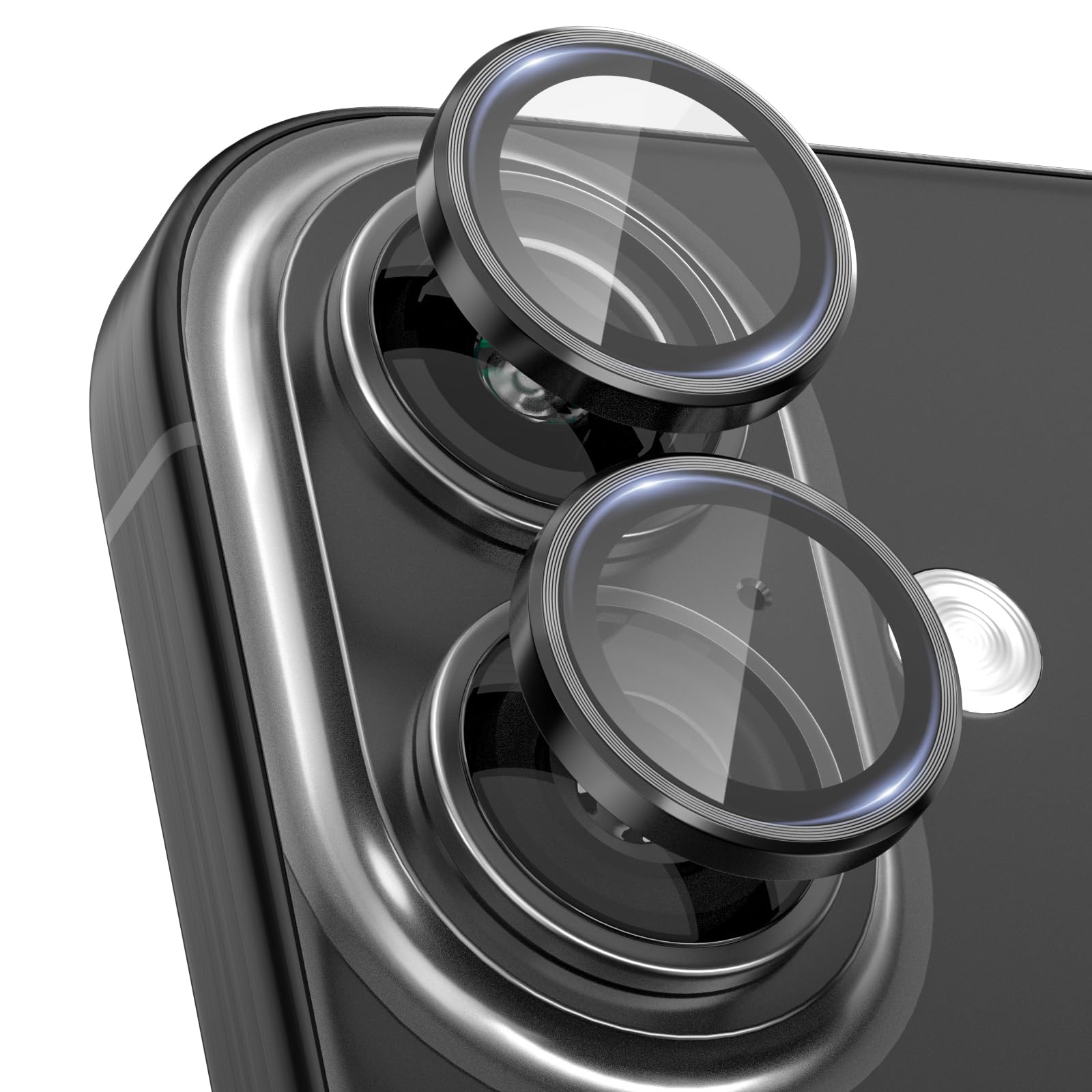 CloudValley for iPhone 16 / iPhone 16 Plus/iPhone 17 Camera Lens Protector, [1 Second Installaion] Ultra-HD Tempered Glass Cover, [Case-Friendly] Metal Lens Screen Protective Ring Accessories,Black