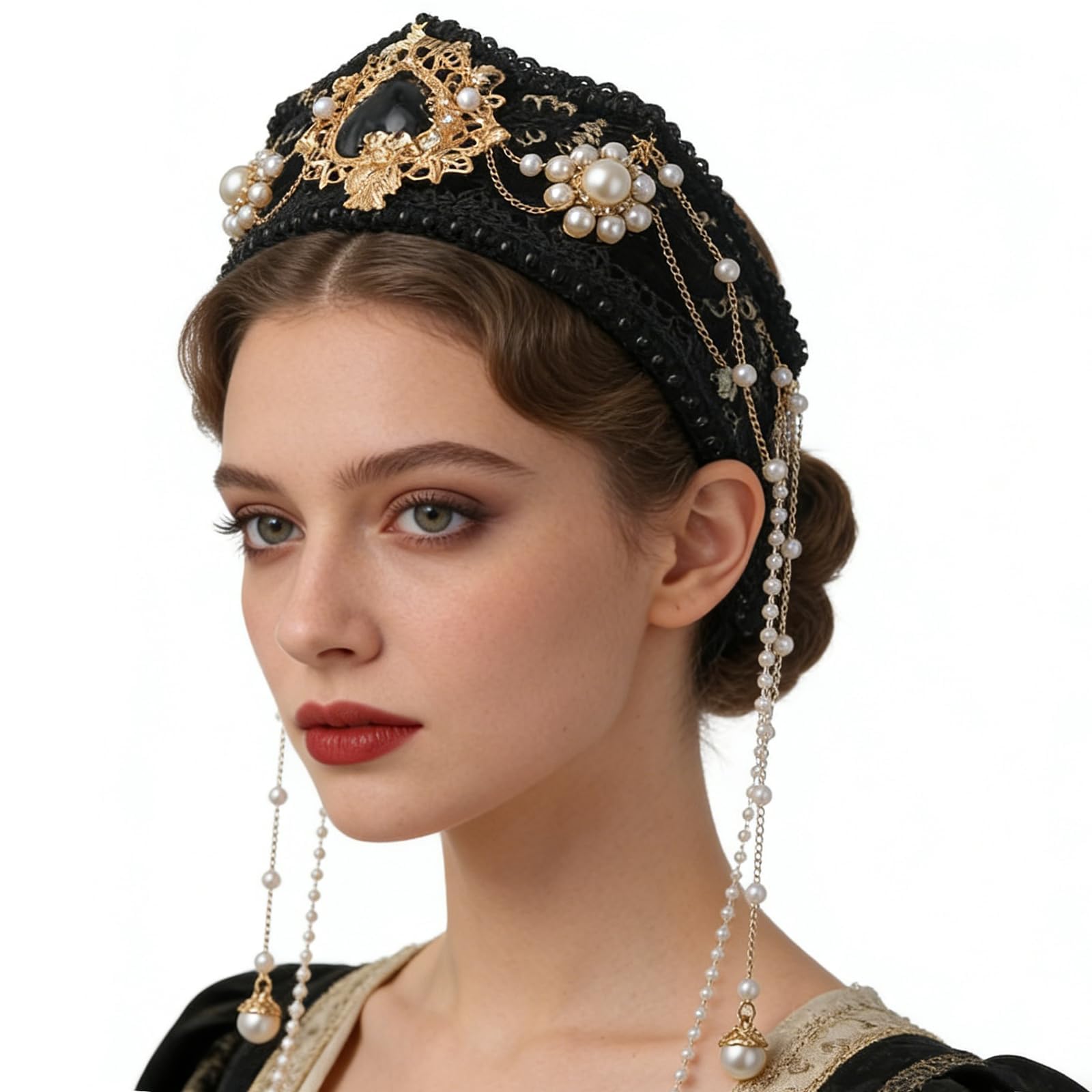 BPURB Anne Boleyn Headband Elizabethan Victorian Royal Coronet Hood Tiara Hat Medieval Renaissance Tudor Queen Headpiece for Women