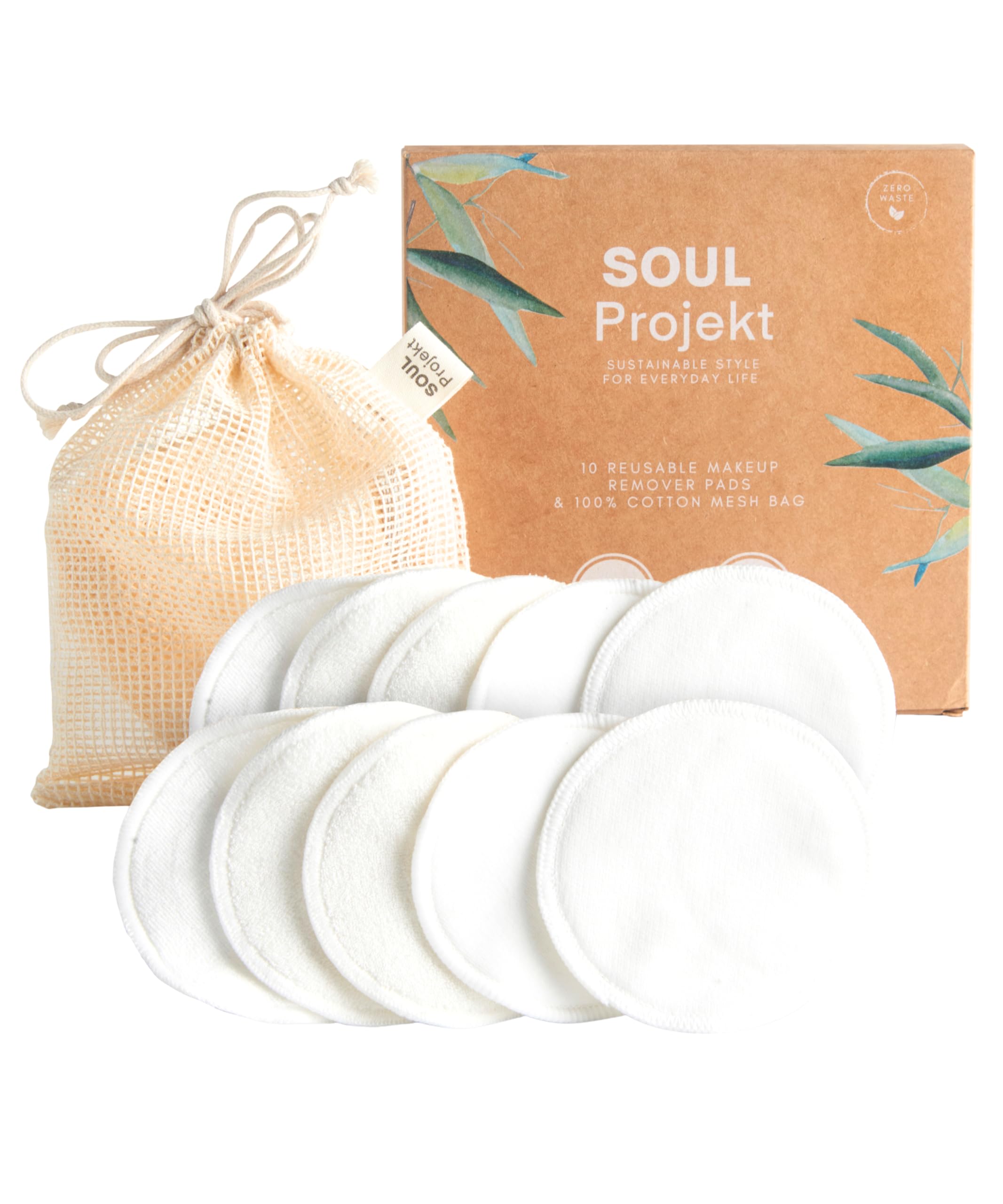 Soul Projekt Reusable Bamboo Cotton Pads (10 Pack), Stocking Fillers for Women, 100% Organic Reusable Makeup Remover Pads with Laundry Bag, Washable Cotton Face Pad, Eco-Friendly Wipes, Gift for Women