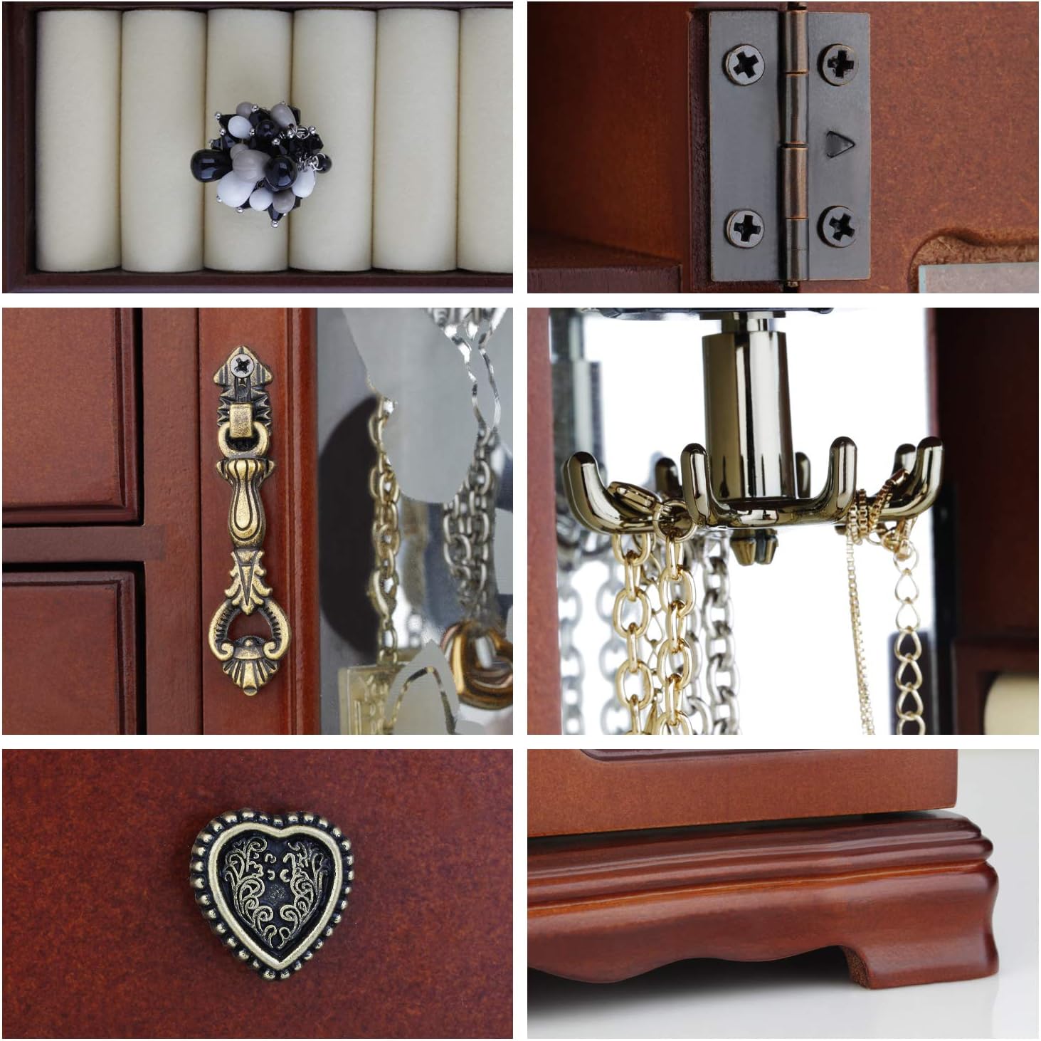 Solid Wooden Jewelry Box Makeup and Organizer Women Ring Storage with 4-Drawers Built-in Necklace Carousel and Mirror Brown: Home Improvement